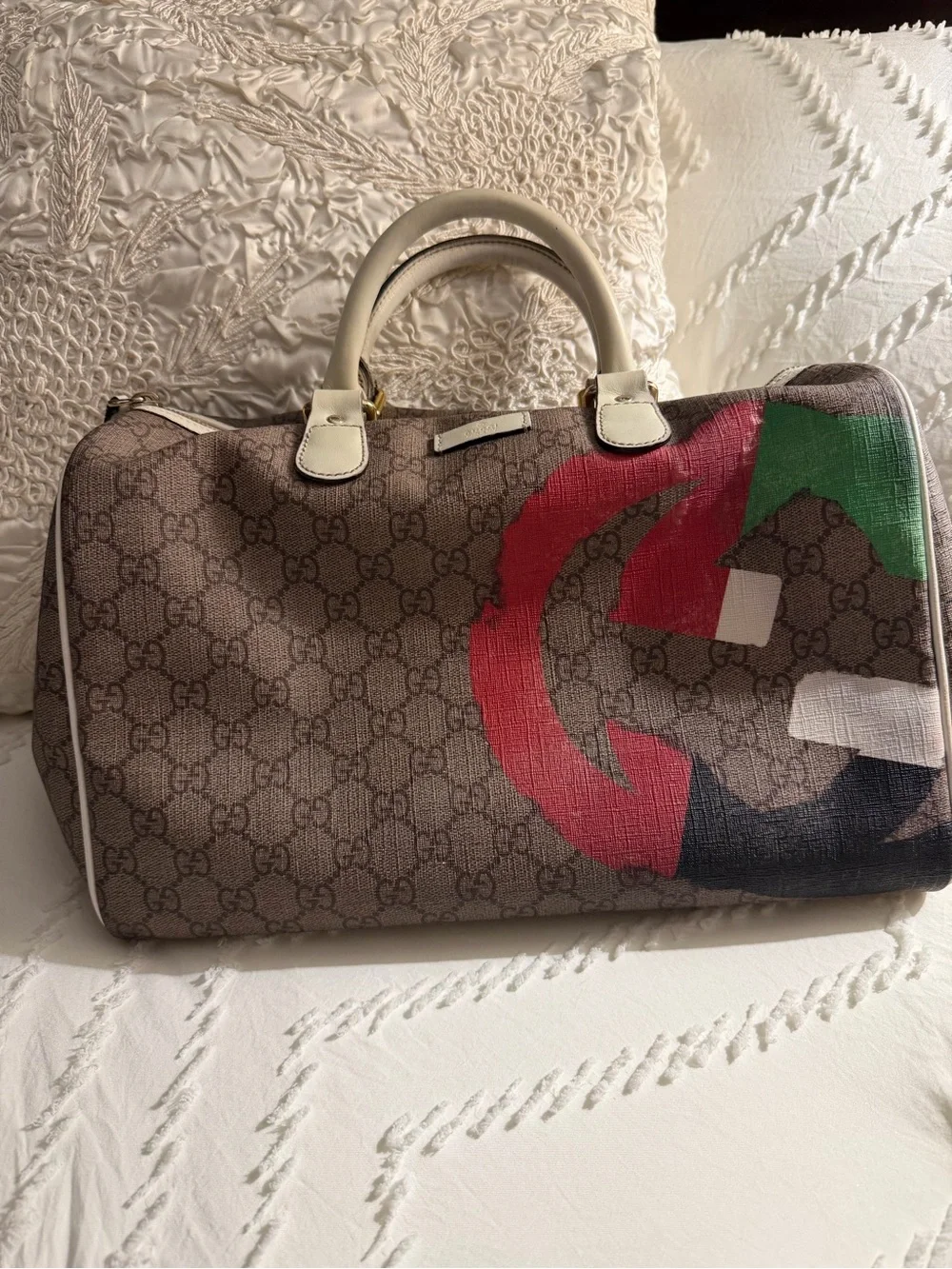 GUCCI Guccisima, hint of sparkle GG Supreme painted beige canvas Boston Bag